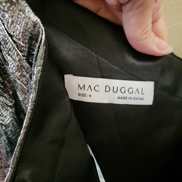 Mac Duggal 67906 Silver 4 One Shoulder Brocade Bow Midi Dress Evening Metallic - Picture 9 of 10